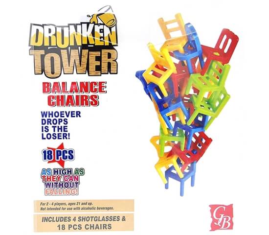 Drunken Tower Drinking Game 18 Pieces Chairs and 4 Shot Glasses Set,  Stacking Balancing Game for Party (Chair Tower) 