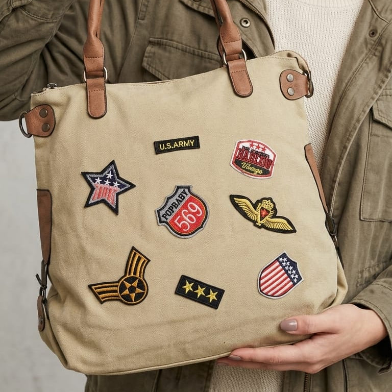 Sholder Bag with Badges - Beige