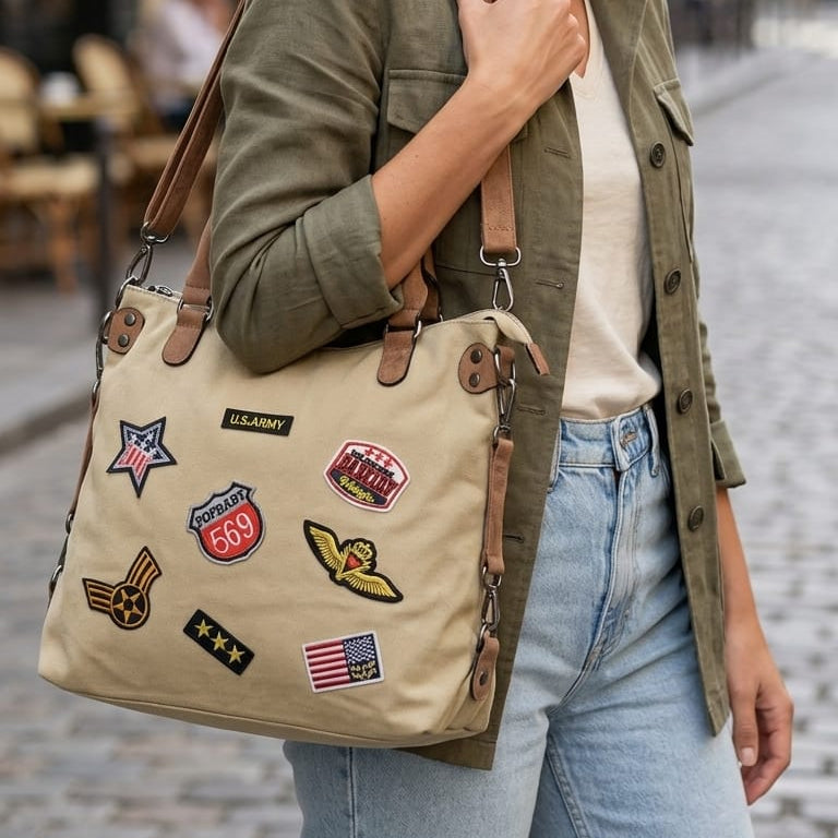 Sholder Bag with Badges - Beige