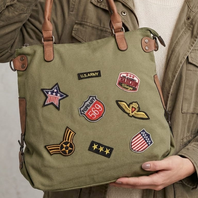 Sholder Bag with Badges - Olive