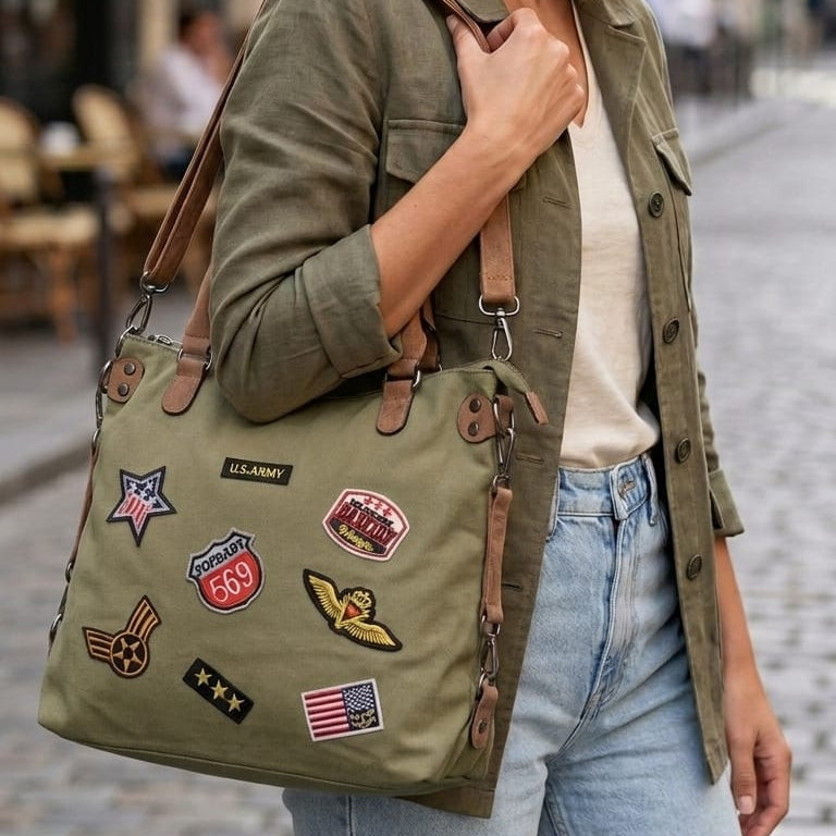 Sholder Bag with Badges - Olive
