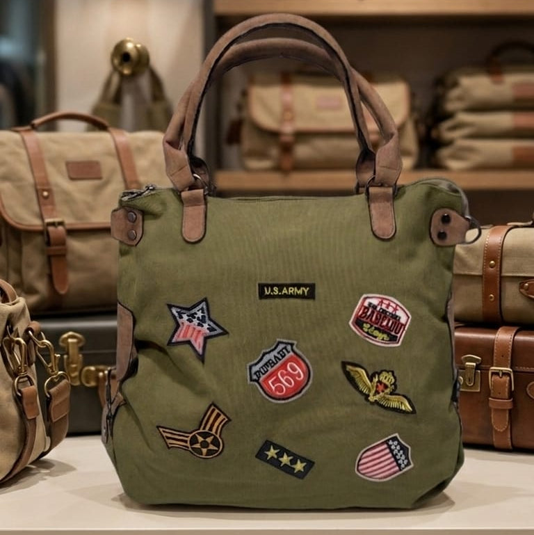 Sholder Bag with Badges - Olive
