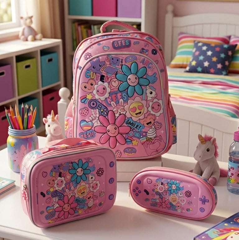 3d School Backpack (set of 3 Pieces) - Flowers
