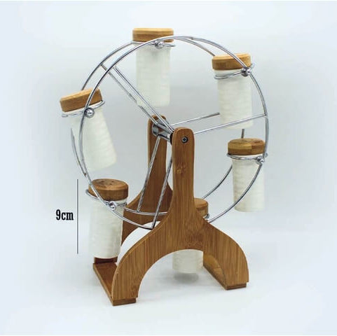 SET OF 6 WHITE CANISTERS WITH BAMBOO WHEEL