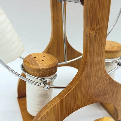 SET OF 6 WHITE CANISTERS WITH BAMBOO WHEEL