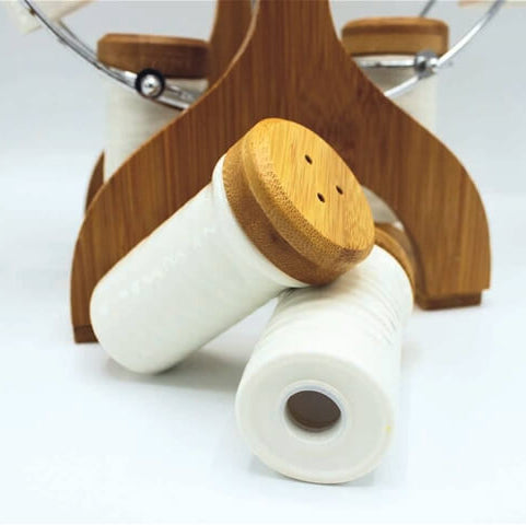 SET OF 6 WHITE CANISTERS WITH BAMBOO WHEEL