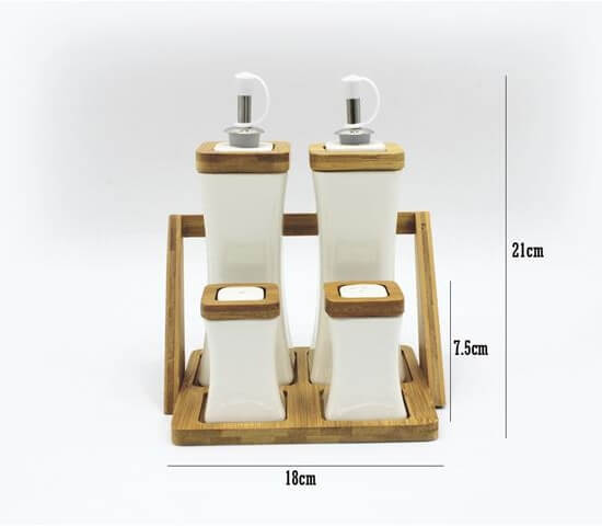PORCELAIN OIL & PEPPER SET WITH BAMBOO BASE