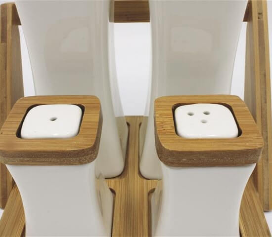 PORCELAIN OIL & PEPPER SET WITH BAMBOO BASE